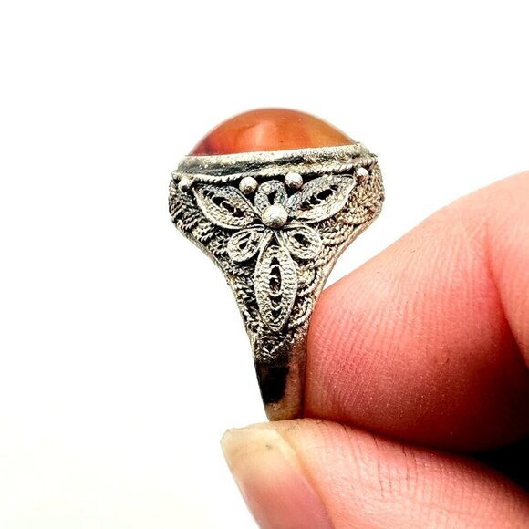 Vintage Chinese Export Carnelian Sterling Silver Filigree Adjust Ring Set at 6.5 - Picture 5 of 7